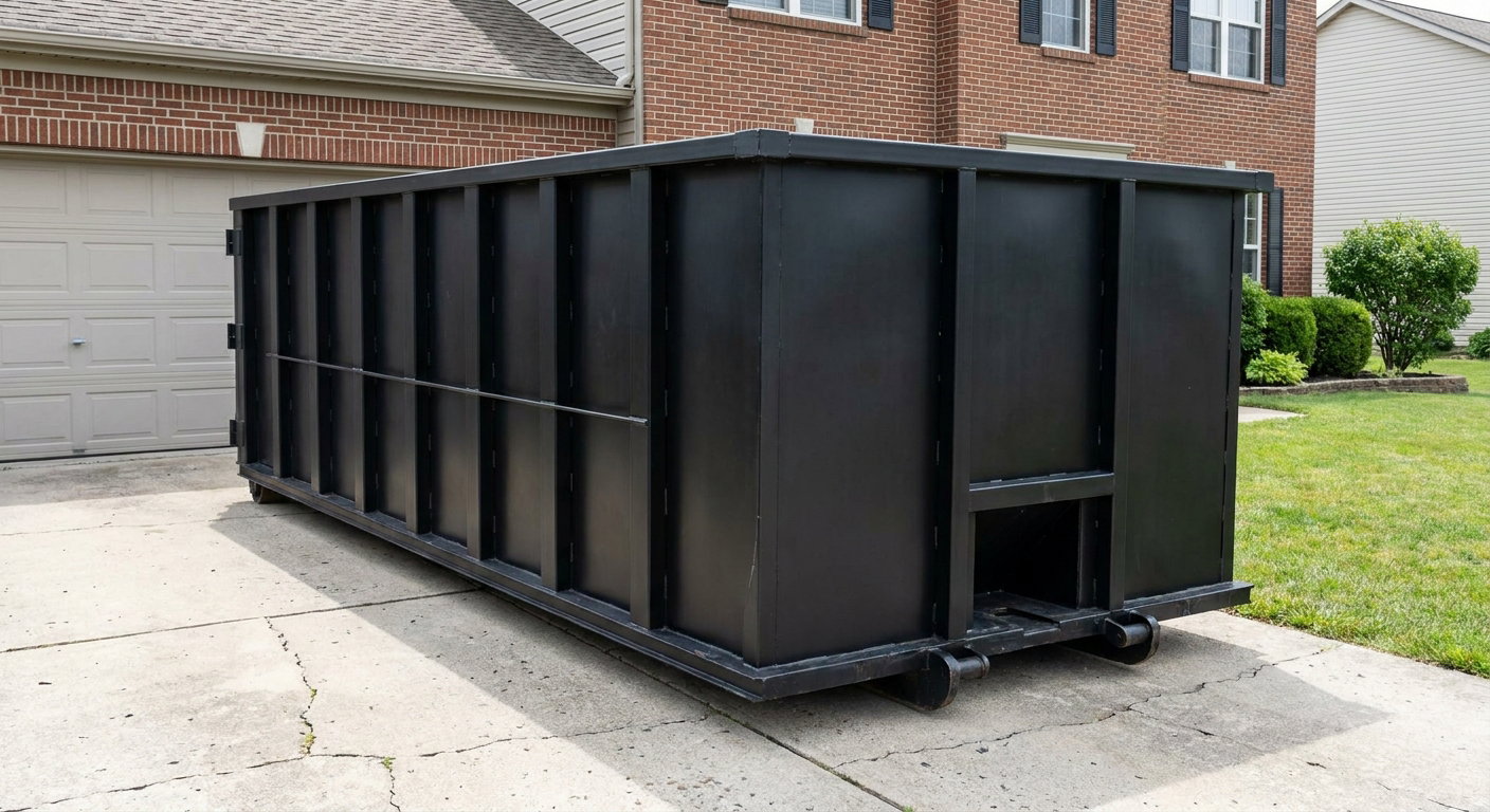 Matte-black 20-yard roll-off container on a Lakeville residential concrete driveway with reinforced ribbed steel sidewalls and a hinged rear walk-in door, clean bright daylight.