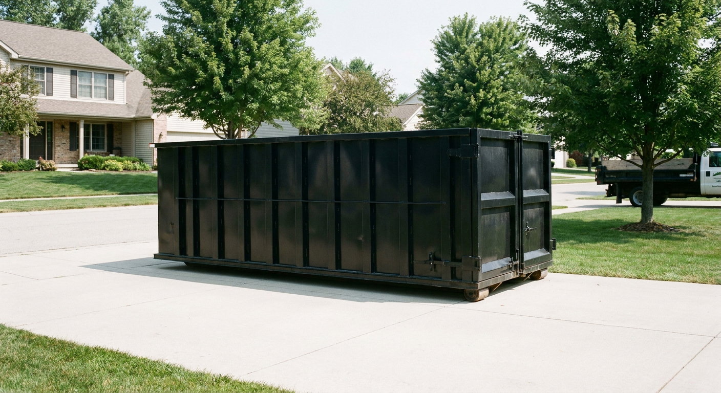 Matte-black 20-yard roll-off dumpster sitting level on a clean Lakeville residential concrete driveway under bright daylight, demonstrating clean placement directly on the concrete.