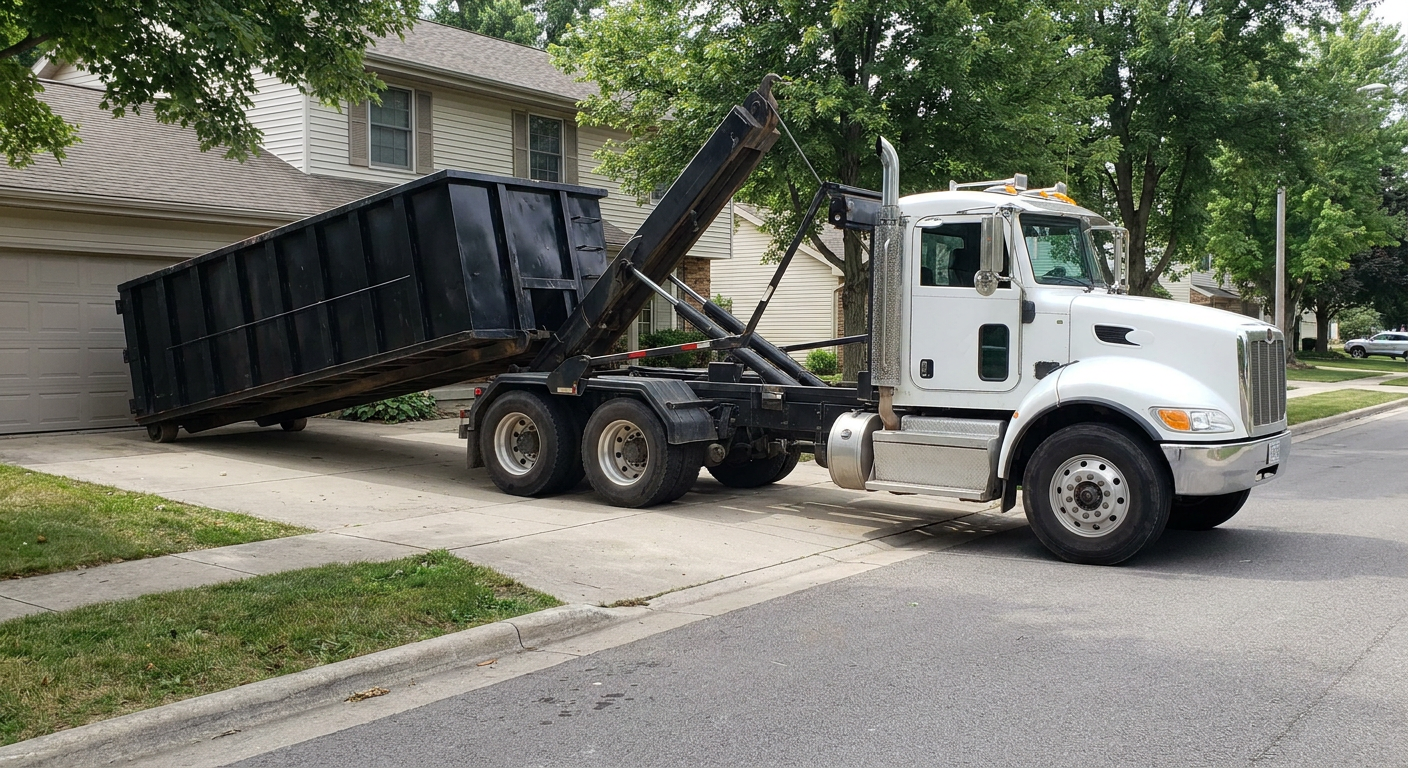 White-cab hooklift roll-off truck actively lowering a matte-black dumpster onto a Lakeville residential concrete driveway, the dumpster's rear wheels touching the driveway as the hoist arm tilts the bed forward, mid-morning daylight.